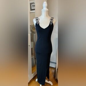 Chic Black Maxi Dress with Silver Embellishments